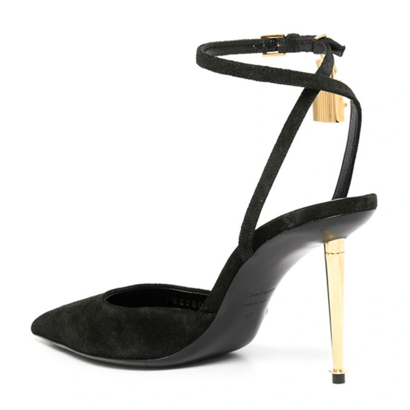 Tom Ford Padlock 85mm Slingback Black Suede Ankle Strap Pointed Toe Heel Pump 36 - Picture 9 of 11